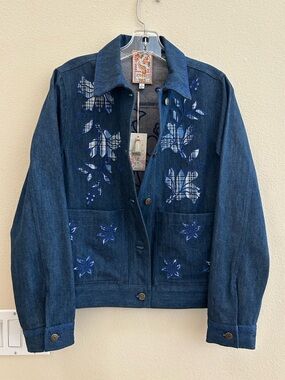 Johnny Was NWT Patch Pocket Denim Jacket Small Blue Plaid Flowers